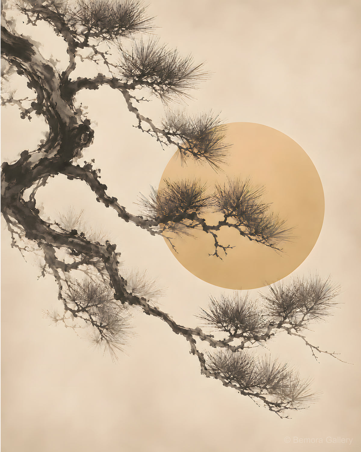 Ivory Pine Sun Silhouette — Japandi wall art print — sweeping pine branch in sumi-e ink wash, warm ivory background
