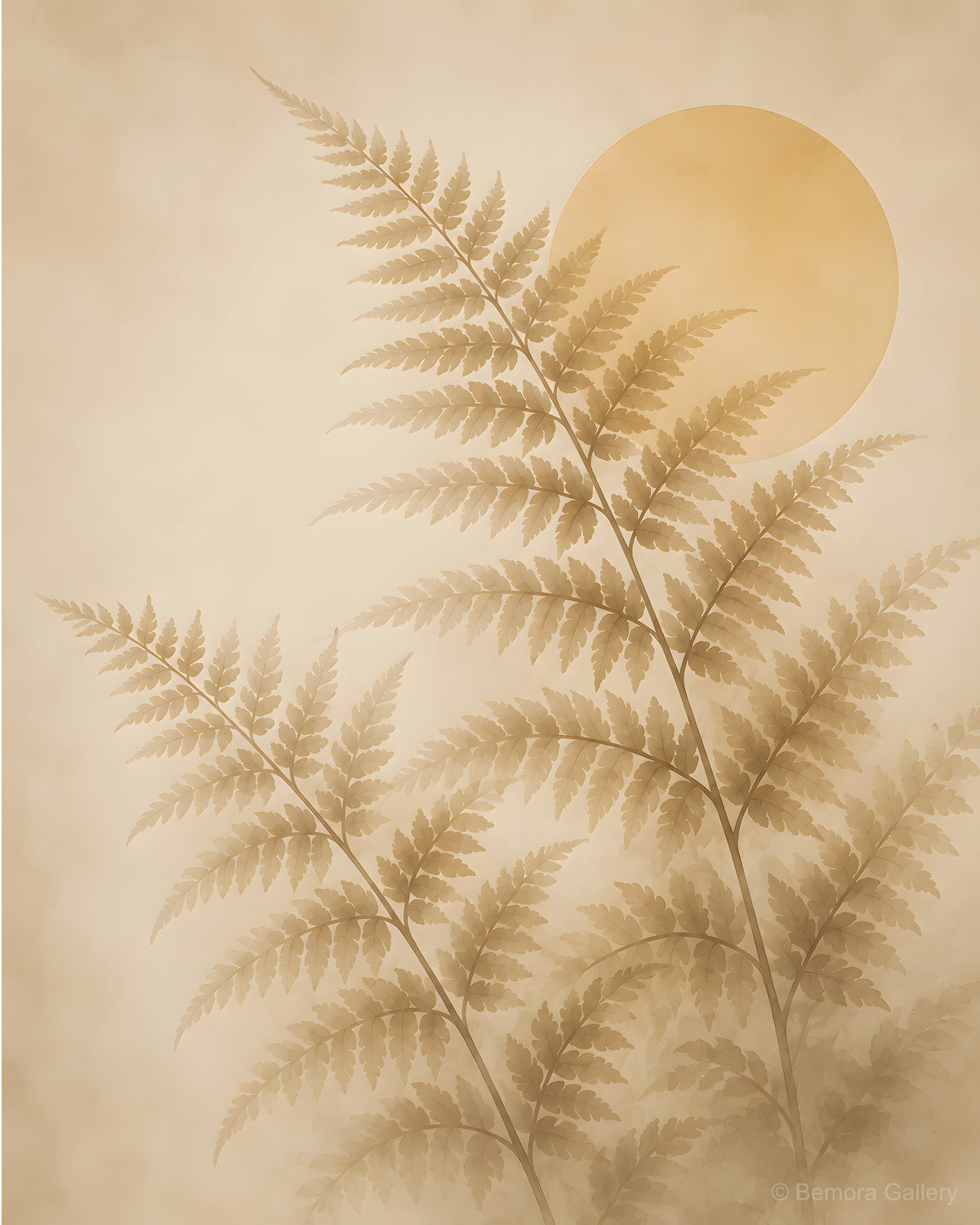 Ivory Fern Frond — Japandi wall art print — layered fern fronds in ink wash, warm ivory ground, muted golden sun disc