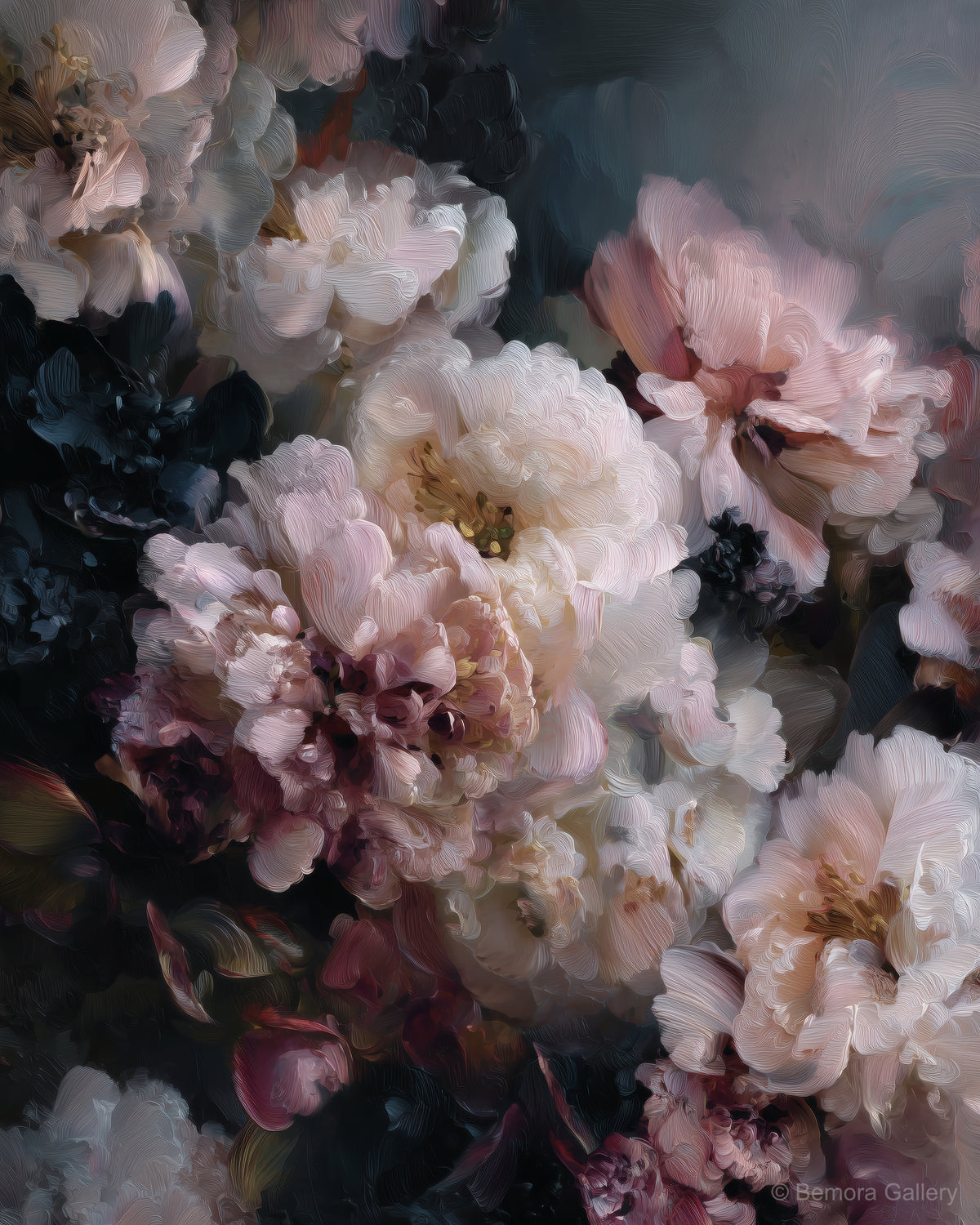 Blush Peony Nocturne wall art — final artwork — ivory, soft blush, deep mauve, dark charcoal-grey ground