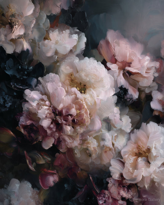 Blush Peony Nocturne wall art — final artwork — ivory, soft blush, deep mauve, dark charcoal-grey ground
