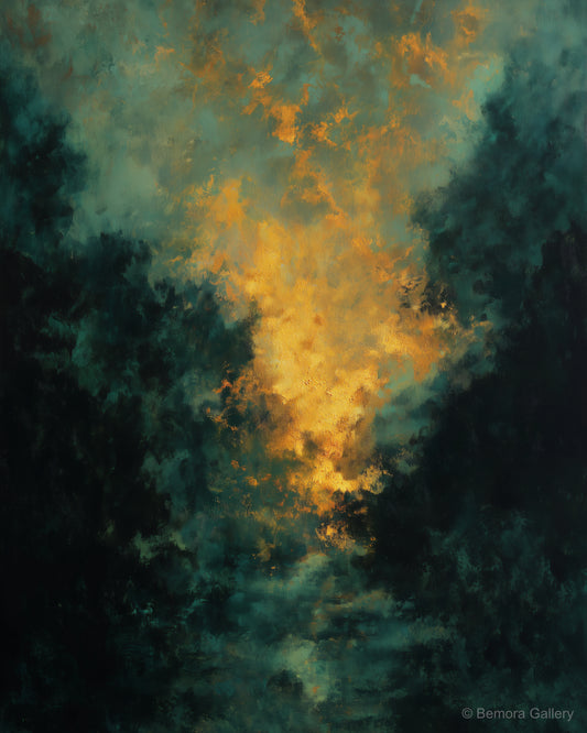 Forest Ember Glow wall art — final artwork — deep forest green, near-black, warm amber, and gold