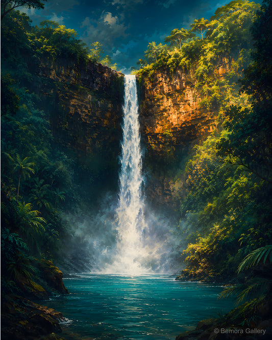 Chamarel Falls — Mauritius waterfall art print — brilliant white waterfall plunging over dark basalt cliffs, dense tropical foliage