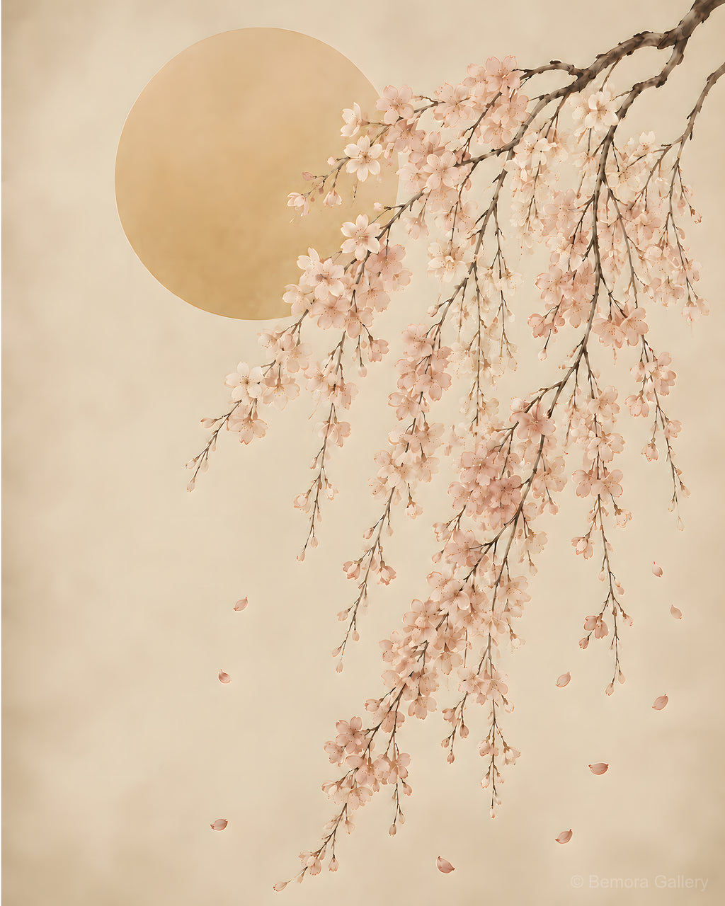Ivory Blossom Arc — Japandi wall art print — weeping cherry blossom cascade, blush and ivory flowers, amber parchment