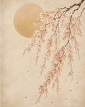 Ivory Blossom Arc — Japandi wall art print — weeping cherry blossom cascade, blush and ivory flowers, amber parchment
