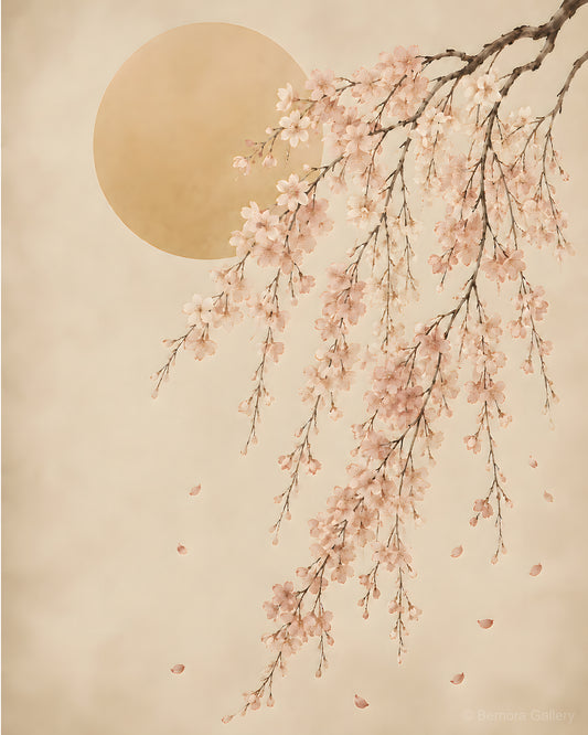 Ivory Blossom Arc — Japandi wall art print — weeping cherry blossom cascade, blush and ivory flowers, amber parchment