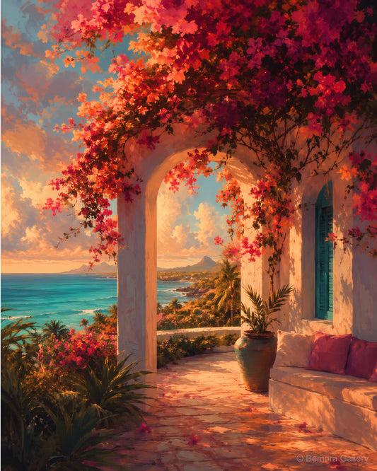Bougainvillea Veranda Light — Mauritius tropical art print — deep magenta bougainvillea, sunlit arch, palm trees, turquoise sky