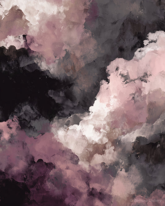Dusty Rose Mist wall art — final artwork — deep charcoal, near-black, dusty rose, deep plum