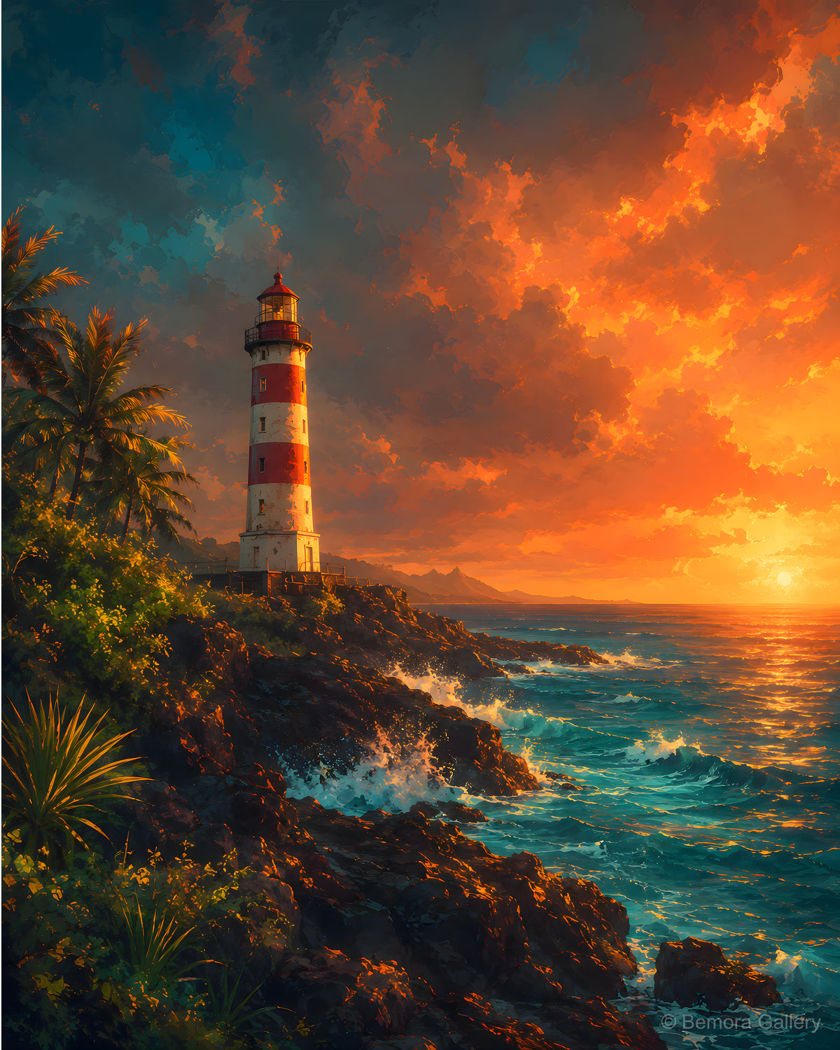 Albion Lighthouse — Mauritius coastal art print — red and white lighthouse above rocky western coastline, fiery coastal sunset