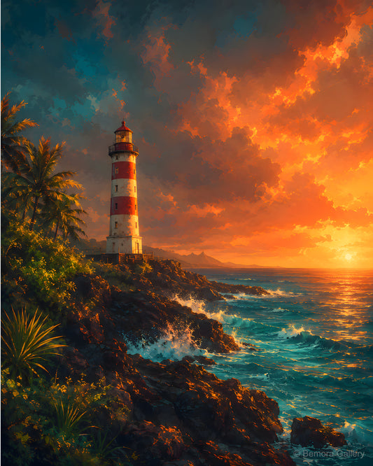 Albion Lighthouse — Mauritius coastal art print — red and white lighthouse above rocky western coastline, fiery coastal sunset