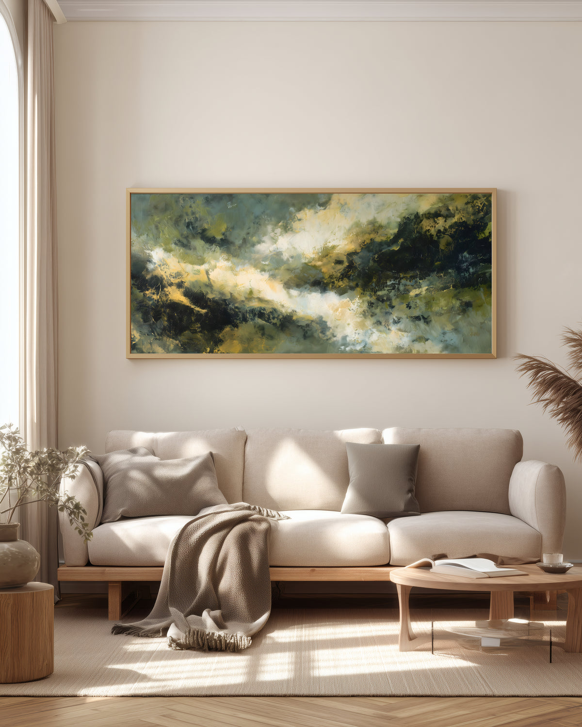 Sage Storm Panorama — full panoramic triptych — deep sage, olive, dark charcoal, and warm ivory