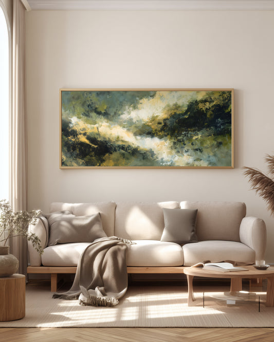 Sage Storm Panorama — full panoramic triptych — deep sage, olive, dark charcoal, and warm ivory