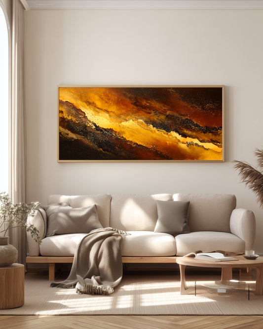 Molten Surge Panorama — full panoramic triptych — warm amber, burnt sienna, near-black, and luminous gold