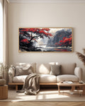Crimson Bridge Valley — full panoramic artwork — graceful wooden bridge in misty autumn river valley