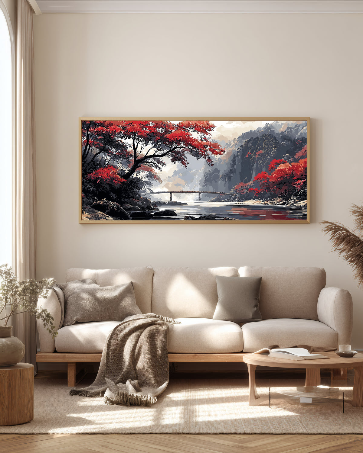 Crimson Bridge Valley — full panoramic artwork — graceful wooden bridge in misty autumn river valley