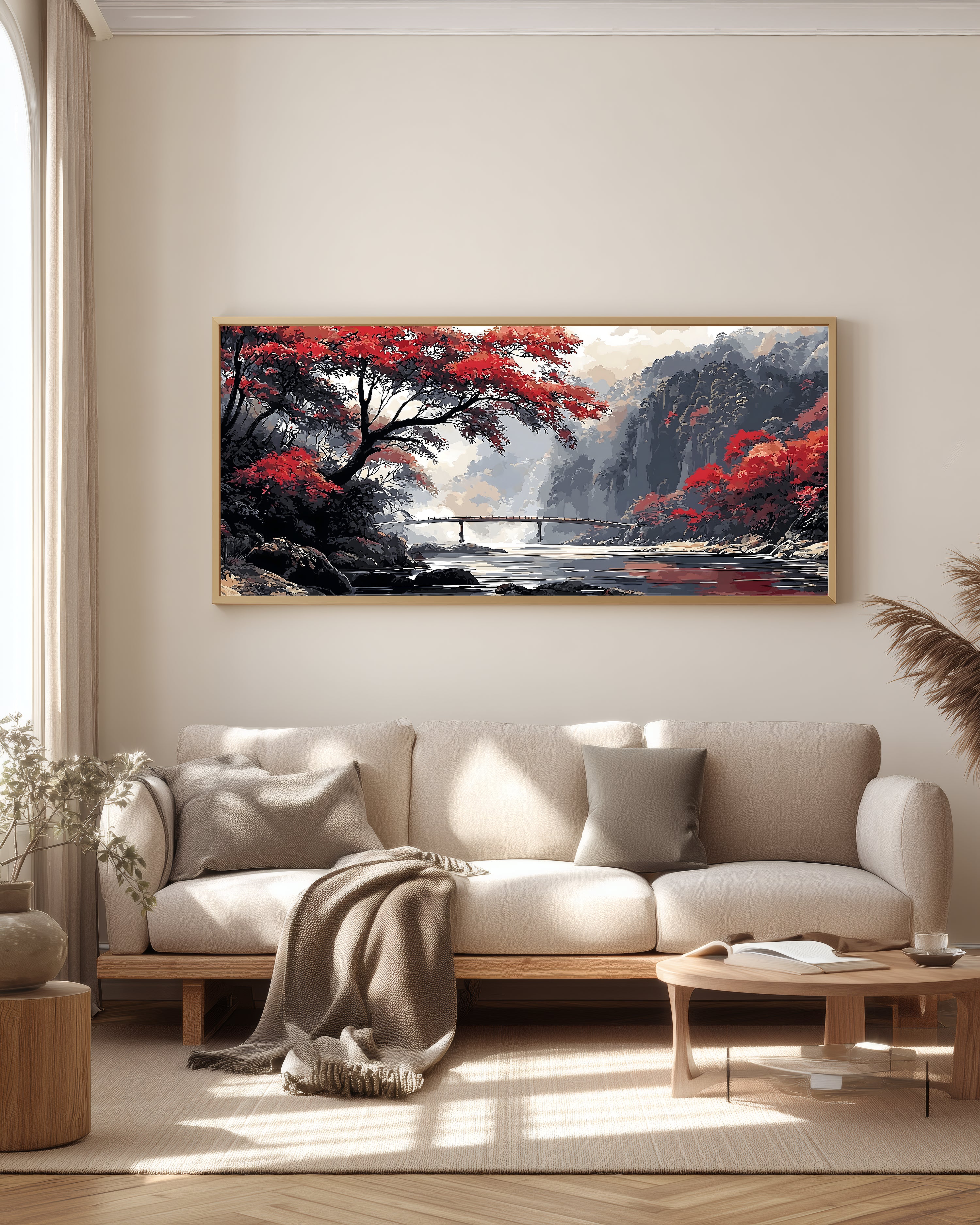 Crimson Bridge Valley — full panoramic artwork — graceful wooden bridge in misty autumn river valley