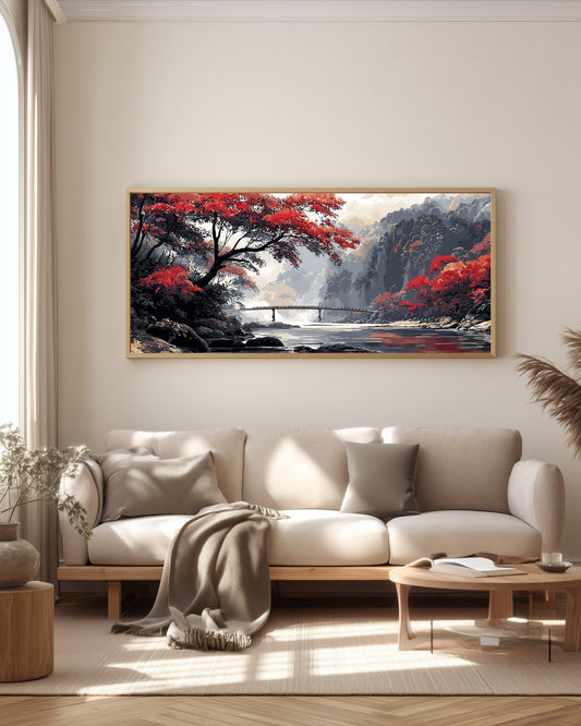 Crimson Bridge Valley — full panoramic artwork — graceful wooden bridge in misty autumn river valley