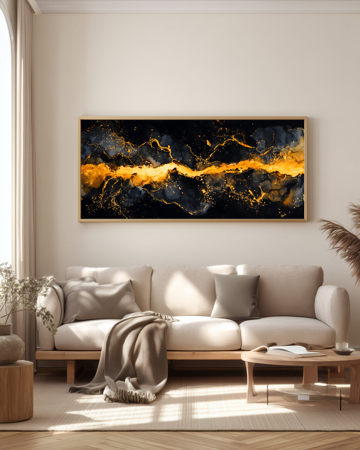 Obsidian Gold Panorama — full panoramic triptych — pure obsidian black and incandescent antique gold