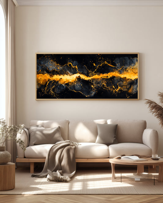 Obsidian Gold Panorama — full panoramic triptych — pure obsidian black and incandescent antique gold