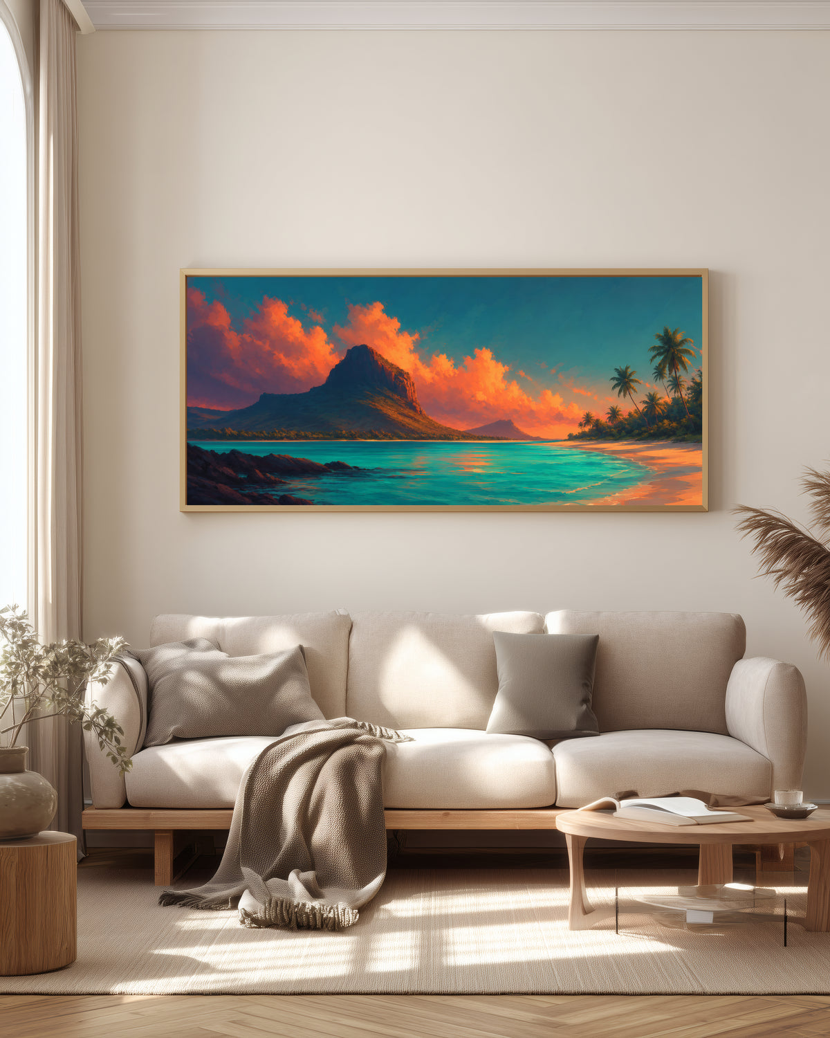Le Morne Ember Lagoon — full panorama — Mauritius triptych — Le Morne silhouette, ember-orange clouds, luminous turquoise water
