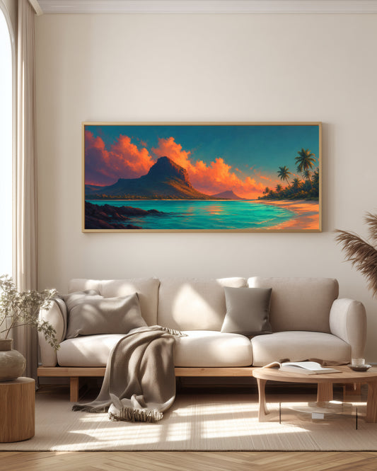 Le Morne Ember Lagoon — full panorama — Mauritius triptych — Le Morne silhouette, ember-orange clouds, luminous turquoise water