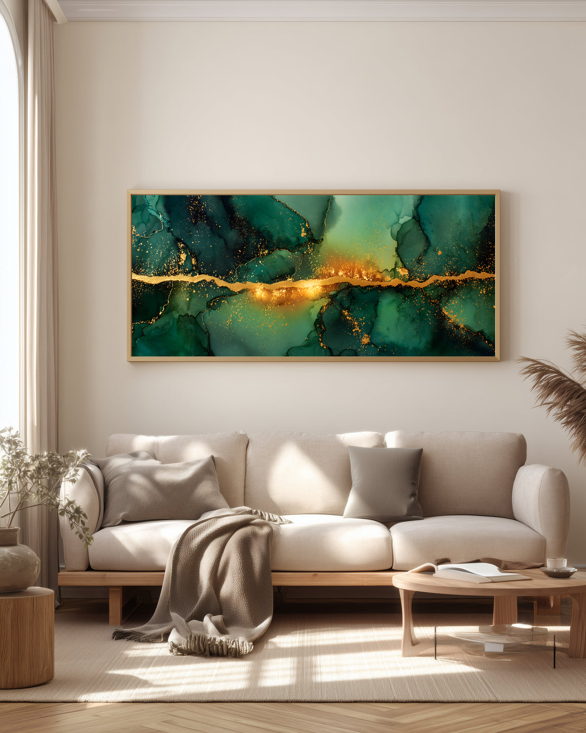 Emerald Gold Panorama — full panoramic triptych — deep forest green, emerald, and antique gold