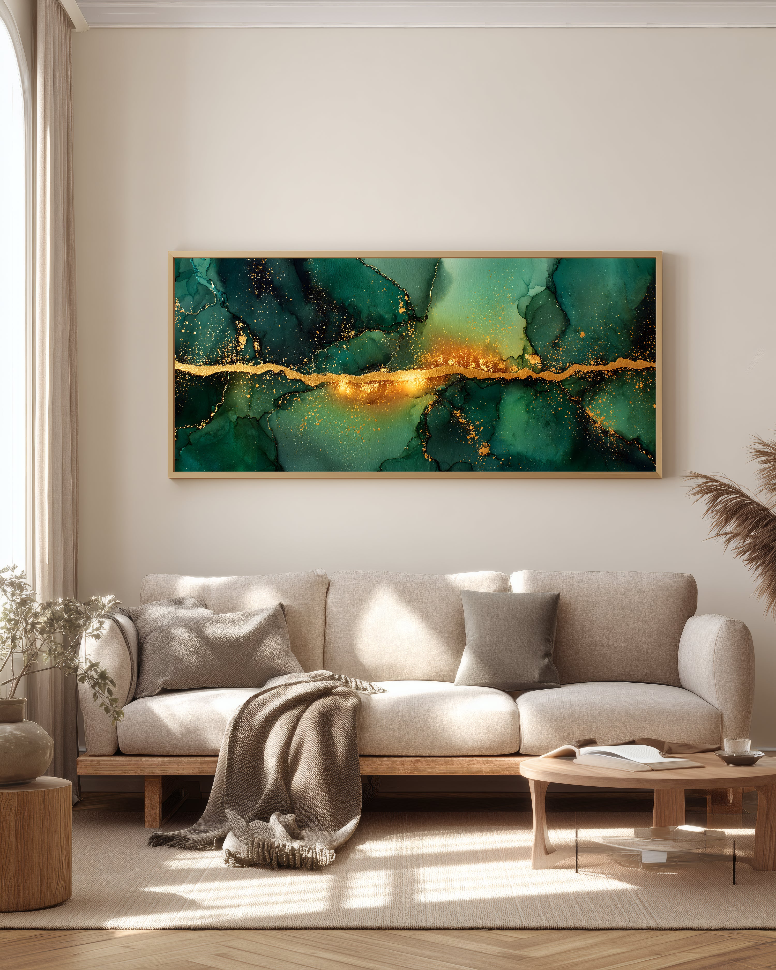 Emerald Gold Panorama — full panoramic triptych — deep forest green, emerald, and antique gold