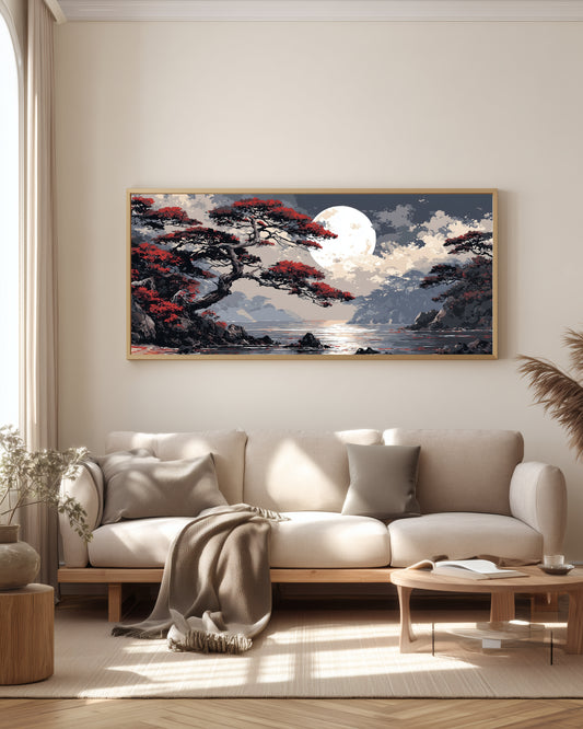 Crimson Moon Shore — full panoramic artwork — twisted crimson pine with full moon above moonlit lake