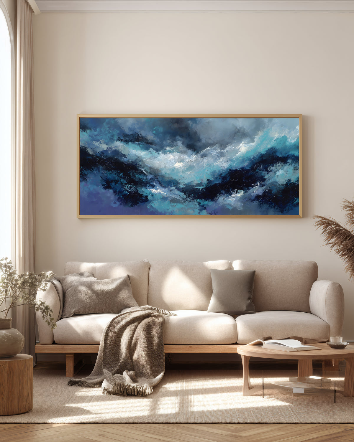 Midnight Storm Panorama — full panoramic triptych — deep indigo, prussian blue, dark teal, and luminous silver-white