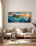Le Morne Aerial Reef — full panorama — Mauritius triptych — Le Morne peninsula and coral reef from above, luminous turquoise lagoon