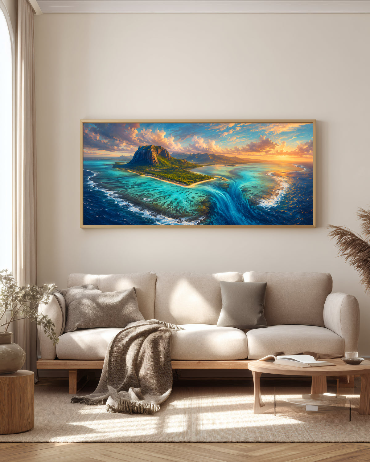 Le Morne Aerial Reef — full panorama — Mauritius triptych — Le Morne peninsula and coral reef from above, luminous turquoise lagoon