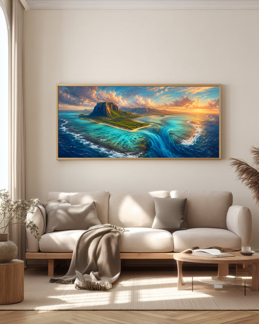 Le Morne Aerial Reef — full panorama — Mauritius triptych — Le Morne peninsula and coral reef from above, luminous turquoise lagoon