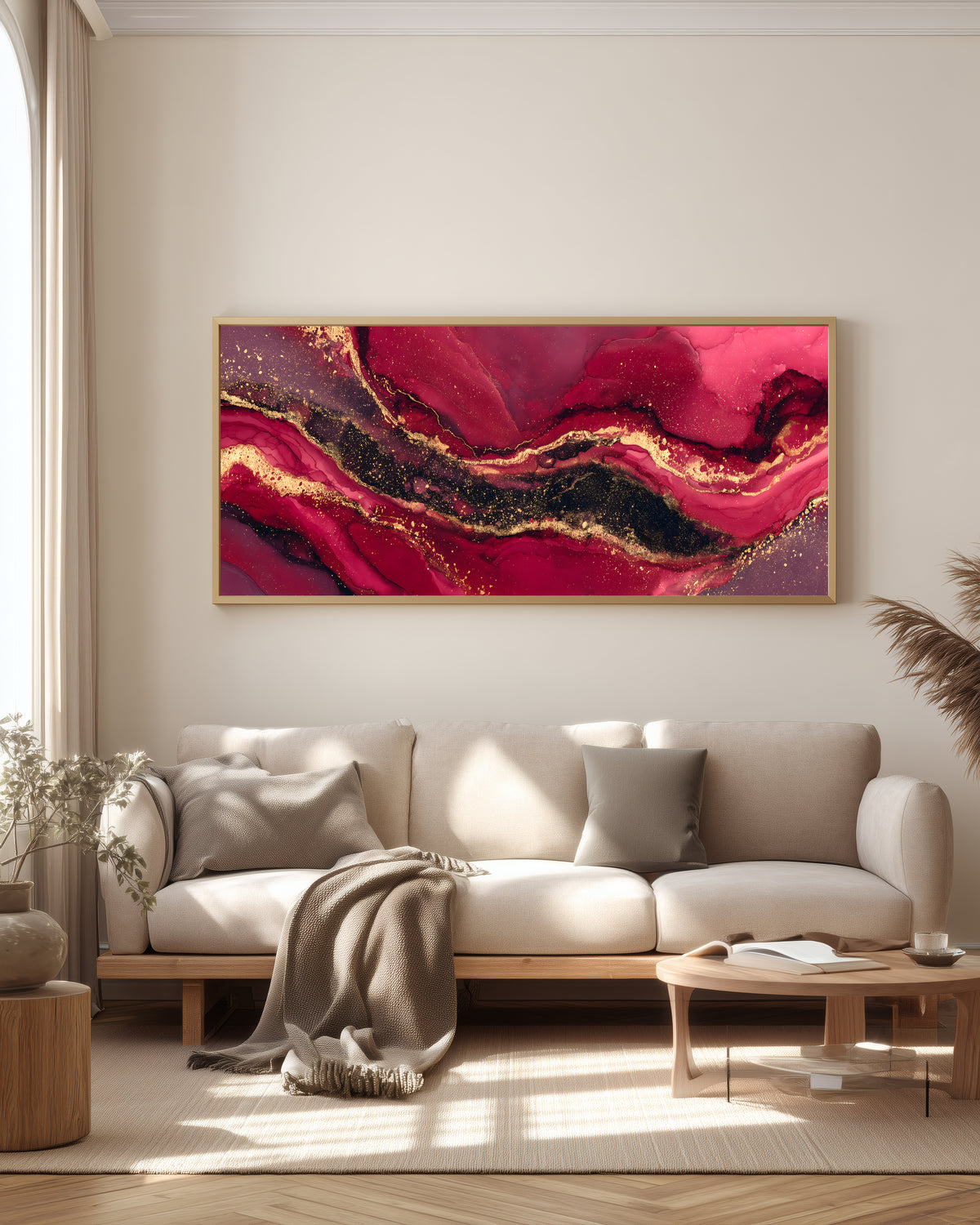 Garnet Gold Panorama — full panoramic triptych — deep crimson, garnet, near-black, and antique gold