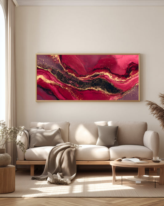 Garnet Gold Panorama — full panoramic triptych — deep crimson, garnet, near-black, and antique gold