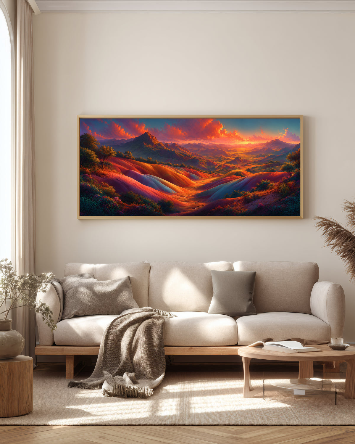 Chamarel Seven Coloured Earth — full panorama — Mauritius triptych — rolling earth bands in red, ochre, violet, amber, blue-grey