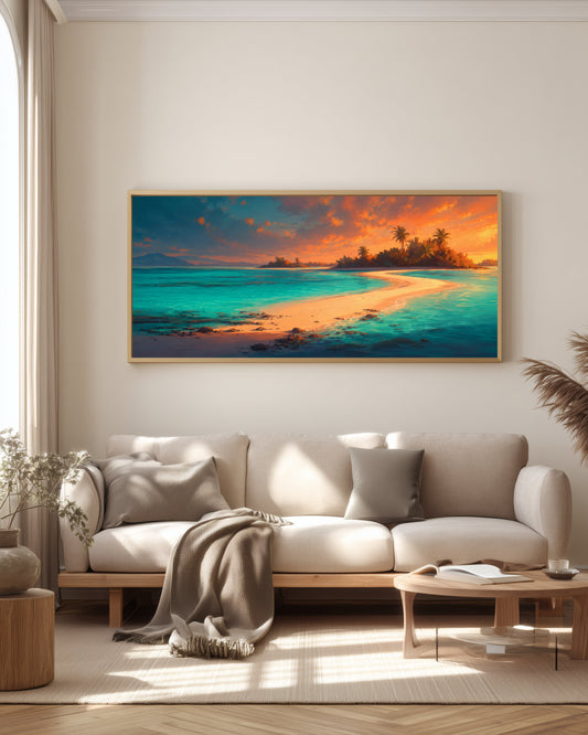 Île aux Cerfs Coral Lagoon — full panorama — Mauritius triptych — cream sandbar through vivid turquoise water, sunlit palm island