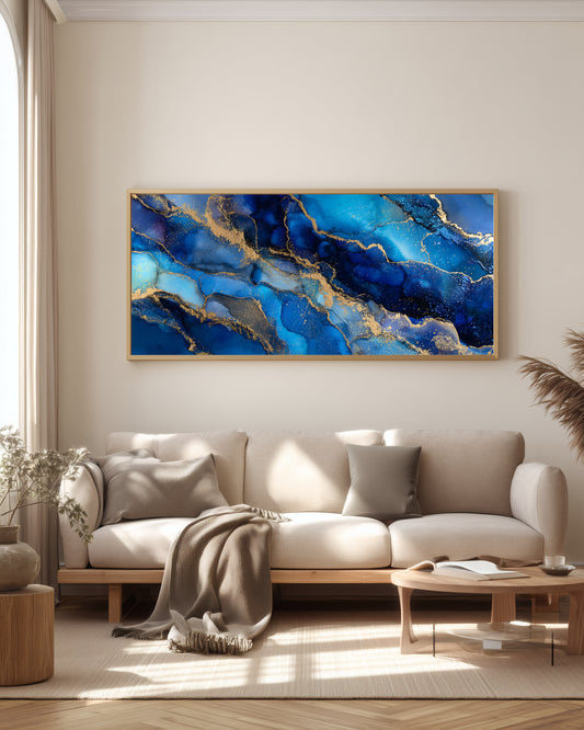 Cobalt Gold Panorama — full panoramic triptych — deep cobalt blue, sapphire, and antique gold