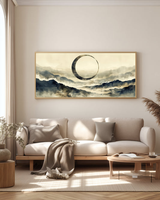 Enso Misty Mountain Horizon — full panorama — Japandi triptych — circular enso form, mountain mist, muted ink tones