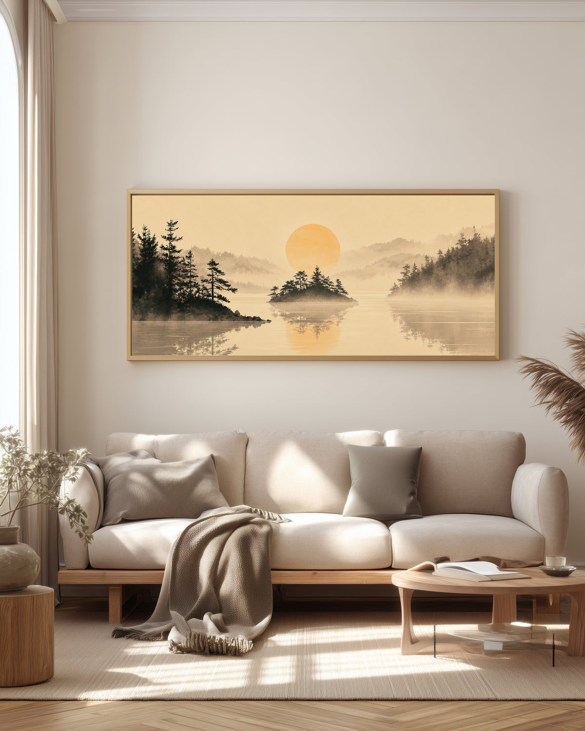 Misty Lake Pines — full panorama — Japandi triptych — pine island, still amber water, layered mountain mist