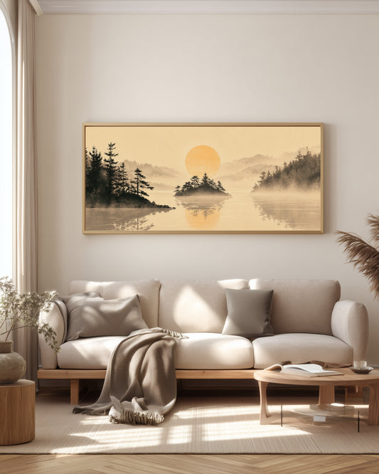 Misty Lake Pines — full panorama — Japandi triptych — pine island, still amber water, layered mountain mist