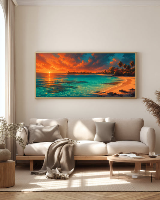 Blue Bay Reef Light — full panorama — Mauritius triptych — clear turquoise reef water, pale sandy shore, tropical palms, soft peach sky