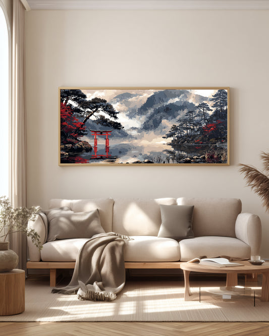 Silent Torii Inlet — full panoramic artwork — vermillion torii gate in calm mountain waters