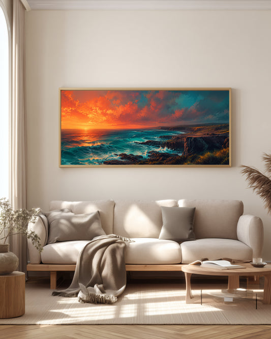 Gris Gris Ocean Cliffs — full panorama — Mauritius triptych — rugged volcanic coastline at sunset, dark cliffs, fiery coral sky