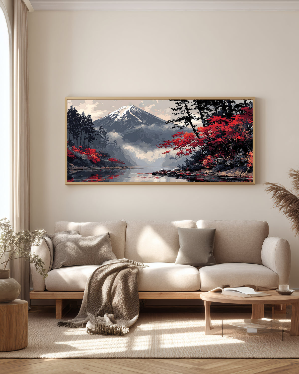 Crimson Fuji Lake — full panoramic artwork — Mount Fuji above calm lake with crimson maple shores