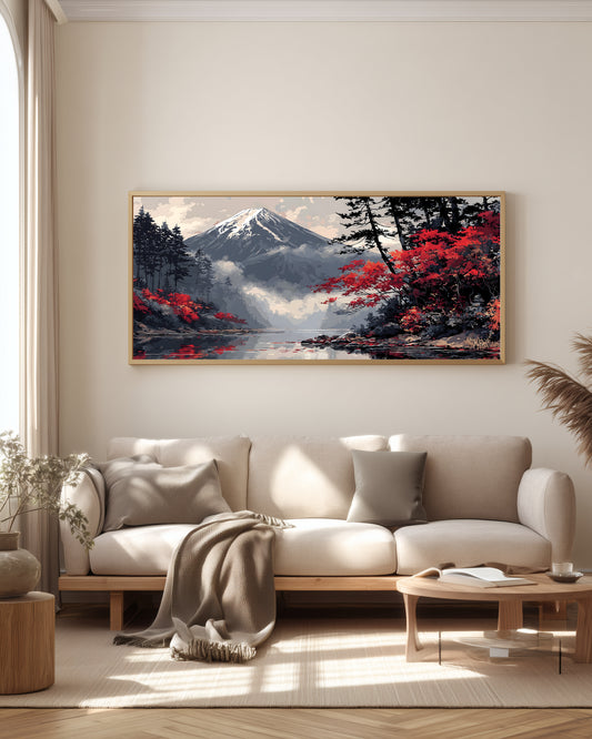 Crimson Fuji Lake — full panoramic artwork — Mount Fuji above calm lake with crimson maple shores