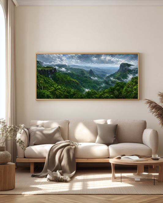 Black River Gorges Canopy — full panorama — Mauritius triptych — dense tropical rainforest canopy, deep layered green and mist