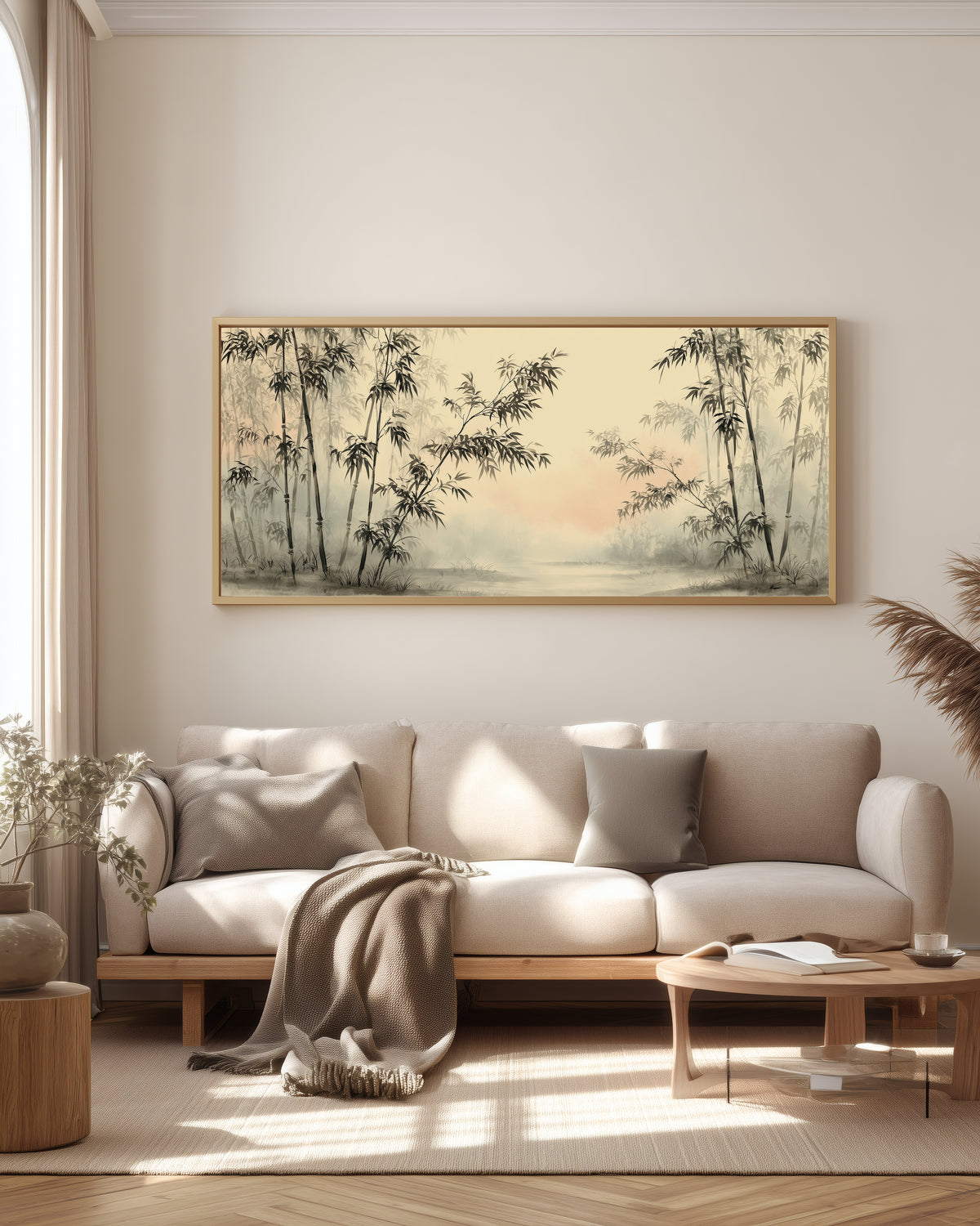 Bamboo Mist Forest — full panorama — Japandi triptych — delicate bamboo in soft mist, warm neutral tones