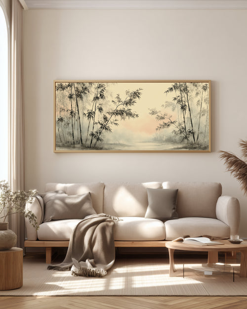 Bamboo Mist Forest — full panorama — Japandi triptych — delicate bamboo in soft mist, warm neutral tones