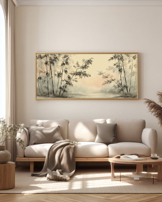 Bamboo Mist Forest — full panorama — Japandi triptych — delicate bamboo in soft mist, warm neutral tones