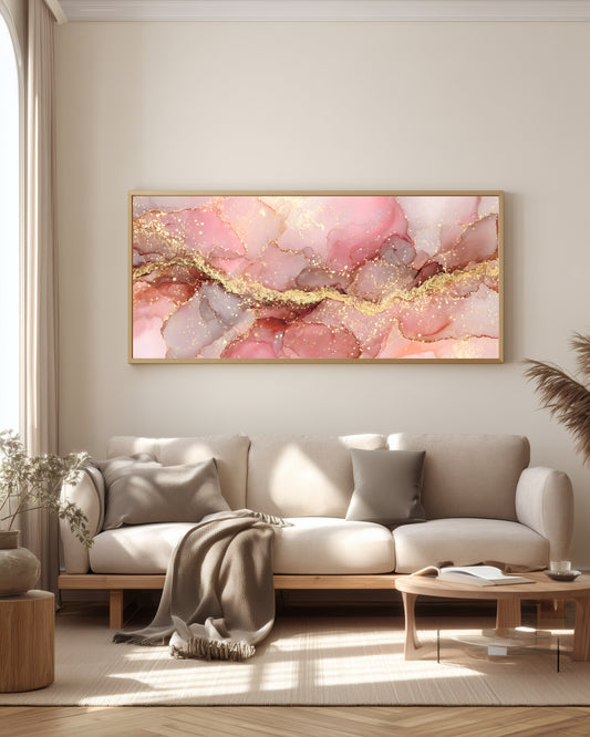 Pearl Gold Panorama — full panoramic triptych — warm ivory, soft blush, rose, and antique gold