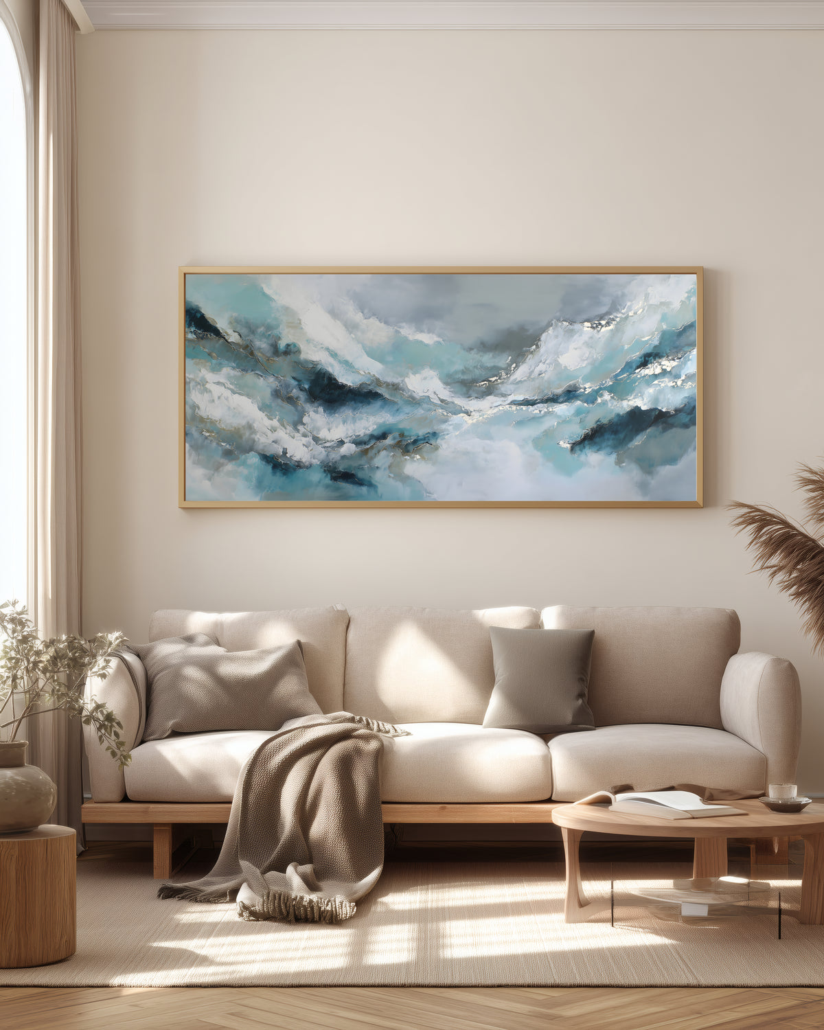 Arctic Light Panorama — full panoramic triptych — ice blue, teal, cool silver, and crystalline white